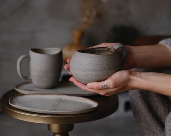 Mug with handle "Home" 400 ml- organic natural shape stoneware in grey cream, minimalist monochrome handmade wheel thrown pottery