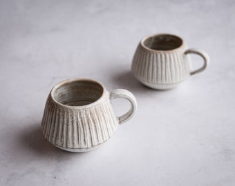 Cream carved mug "Romantic" with handle - tea or coffee cup, nordic rustic, handmade handcrafted wheel thrown
