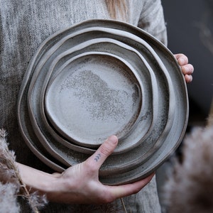 Dune dinner set organic natural shape stoneware plates in grey cream, minimalist monochrome handcrafted handmade wheel thrown pottery image 4