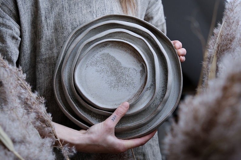 Dune dinner set organic natural shape stoneware plates in grey cream, minimalist monochrome handcrafted handmade wheel thrown pottery image 4