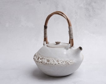 Teapot "MoonChild"  large family wheel thrown stoneware white matte, willow wood handle, natural minimal, ceremony, Moon