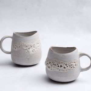 Moonchild mug with handle - organic natural stoneware in white crater glaze, minimalist monochrome handmade wheelthrown pottery moon lava