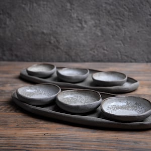 Tapas SET - Glossy Organic natural shape elongated stoneware plates, minimalist monochrome handcrafted handmade pottery