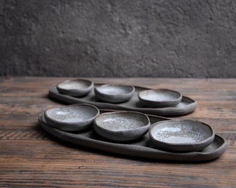 Tapas SET - Glossy Organic natural shape elongated stoneware plates, minimalist monochrome handcrafted handmade pottery