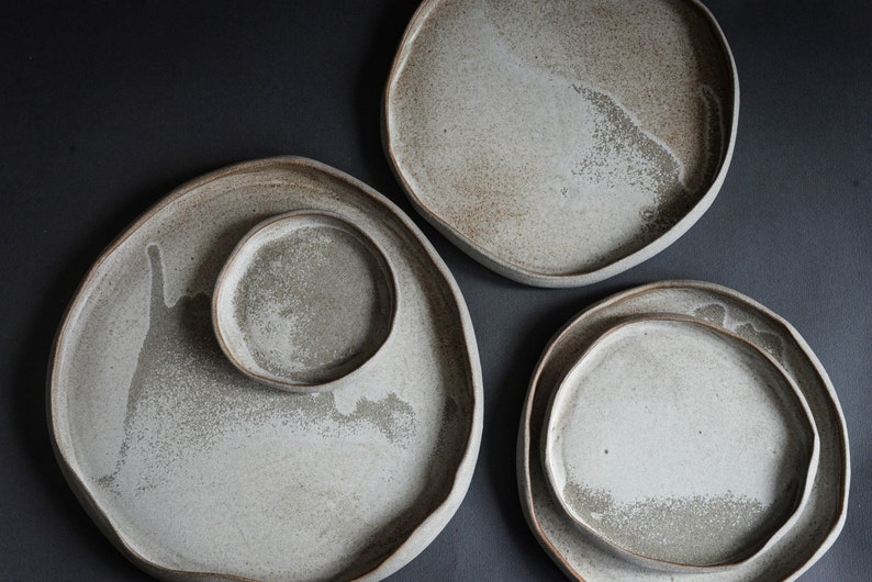 Dune dinner set organic natural shape stoneware plates in grey cream, minimalist monochrome handcrafted handmade wheel thrown pottery image 6