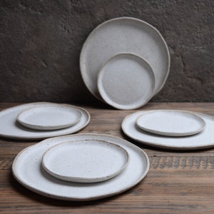 Speckled white irregular dinner set - plates and bowls, handmade handcrafted anthracite stoneware plate, natural nordic rustic