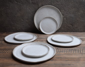 Speckled white irregular dinner set - plates and bowls, handmade handcrafted anthracite stoneware plate, natural nordic rustic