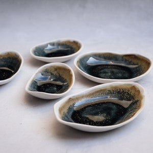 Galaxy night Handmade porcelain oyster tapas dish, dark speckled blue green gold, minimal nordic handcrafted, wedding gift