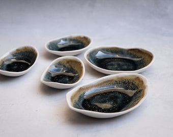 Galaxy night Handmade porcelain oyster tapas dish, dark speckled blue green gold, minimal nordic handcrafted, wedding gift