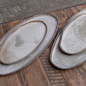 Organic natural shape elongated stoneware plates in grey cream, minimalist monochrome handcrafted handmade pottery image 7