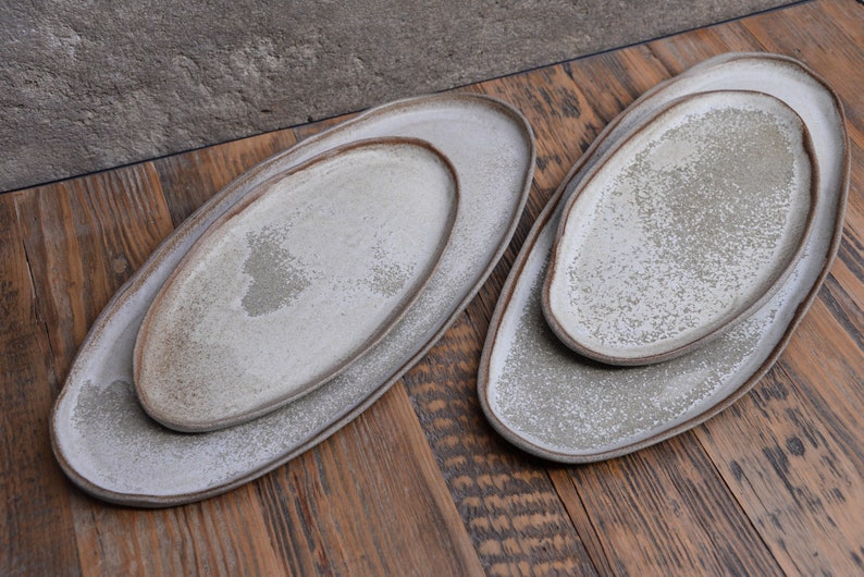 Organic natural shape elongated stoneware plates in grey cream, minimalist monochrome handcrafted handmade pottery image 7