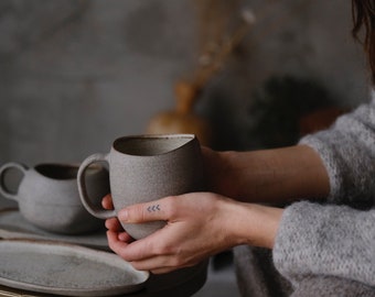 Mug with handle "Simplicity"  organic natural shape stoneware in grey cream, minimalist monochrome handcrafted handmade wheel thrown