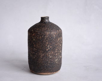 Black brown lava crater glaze flower vase, classic minimalist monochrome handcrafted handmade wheel thrown pottery