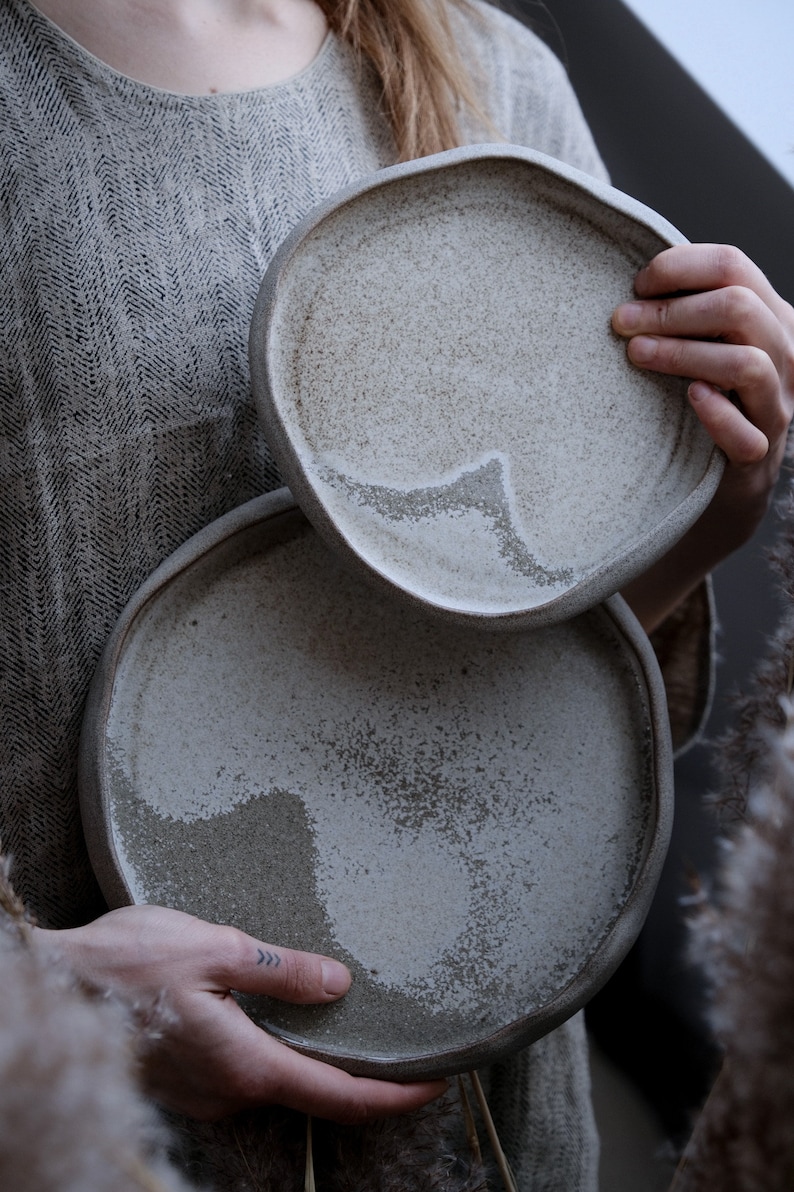 Dune dinner set organic natural shape stoneware plates in grey cream, minimalist monochrome handcrafted handmade wheel thrown pottery image 3