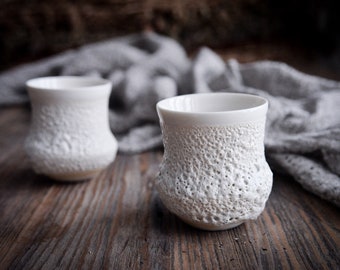 Tea/coffee cup with textured lava glaze, handmade wheel thrown porcelain, elegant and minimalist