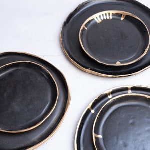 dinner set - gold edge black rustic handmade handcrafted stoneware plate, satin black matte glaze, natural nordic, dinner/cake/salad plates