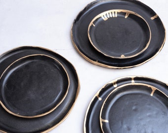 dinner set - gold edge black rustic handmade handcrafted stoneware plate, satin black matte glaze, natural nordic, dinner/cake/salad plates