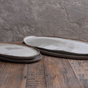 Organic natural shape elongated stoneware plates in grey cream, minimalist monochrome handcrafted handmade pottery image 3