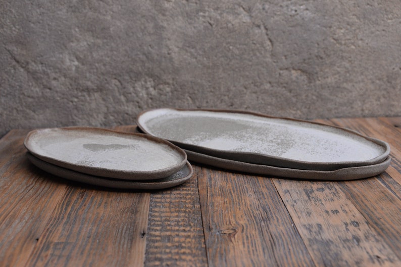 Organic natural shape elongated stoneware plates in grey cream, minimalist monochrome handcrafted handmade pottery image 3