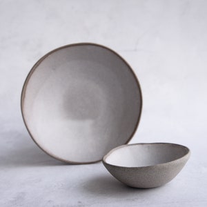 White matte- plates and bowls, dinner set-  organic natural shape stoneware plates, minimalist monochrome handmade pottery