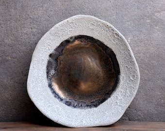 Bronze Volcanic - Extra large serving bowl fruit platter  - organic natural shape stoneware in cream, minimalist monochrome handcrafted