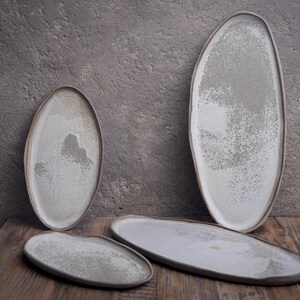 Organic natural shape elongated stoneware plates in grey cream, minimalist monochrome handcrafted handmade pottery image 2