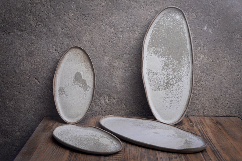 Organic natural shape elongated stoneware plates in grey cream, minimalist monochrome handcrafted handmade pottery image 2