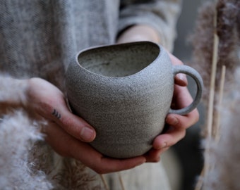 Mug with handle "Introvert" - organic natural shape stoneware in grey cream, minimalist monochrome handcrafted handmade wheel thrown pottery