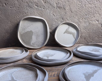 Dune dinner set organic natural shape stoneware plates in grey cream, minimalist monochrome handcrafted handmade wheel thrown pottery