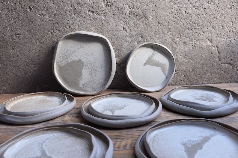 Dune dinner set organic natural shape stoneware plates in grey cream, minimalist monochrome handcrafted handmade wheel thrown pottery image 1