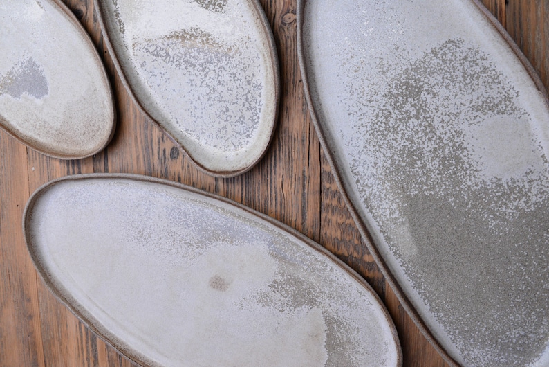 Organic natural shape elongated stoneware plates in grey cream, minimalist monochrome handcrafted handmade pottery image 5