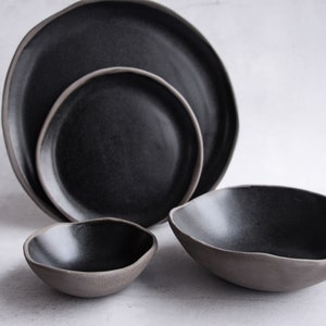 BLACK on GREY plates and bowls dinner set, Handmade handcrafted anthracite stoneware, satin matte glaze, natural nordic rustic