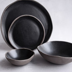 BLACK on GREY plates and bowls dinner set, Handmade handcrafted anthracite stoneware, satin matte glaze, natural nordic rustic image 1