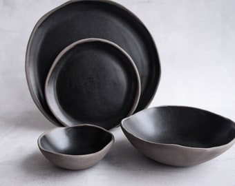 BLACK on GREY plates and bowls dinner set, Handmade handcrafted anthracite stoneware, satin matte glaze, natural nordic rustic