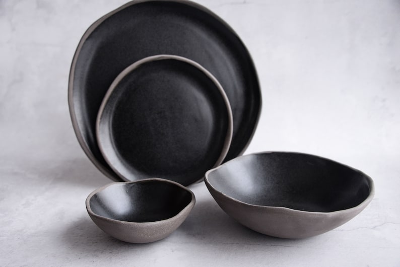 BLACK on GREY plates and bowls dinner set, Handmade handcrafted anthracite stoneware, satin matte glaze, natural nordic rustic image 1