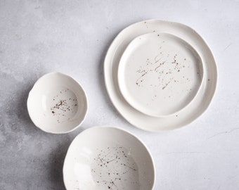 GOLD splash dinner set plates bowls, Handmade handcrafted porcelain natural nordic rustic, wedding gift
