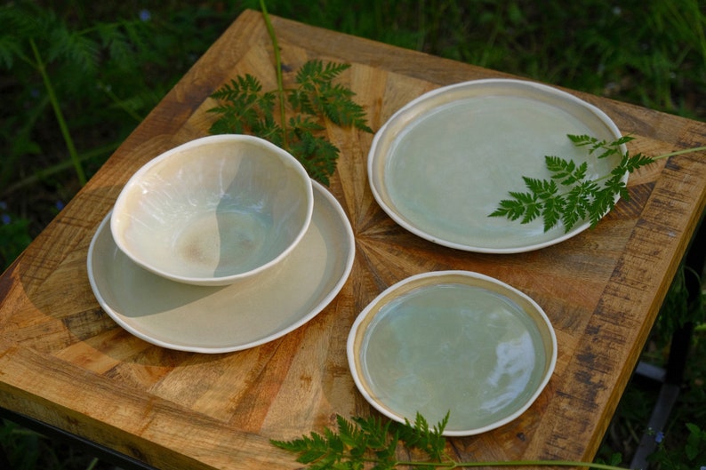 Pearl Green porcelain plates and bowls, dinner set, organic natural shape, minimalist mermaid handcrafted handmade pottery image 9