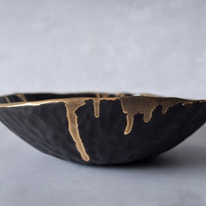 TEXTURED handmade bowl gold edge, handcrafted  stoneware, black matte monochrome, natural nordic rustic