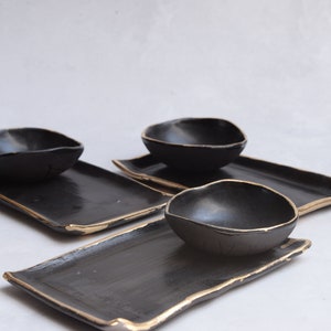 Set of handmade handcrafted stoneware sushi plate and dip bowl, rectangular nordic rustic wabisabi, bread dips sauce tapas