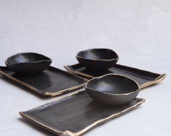 Set of handmade handcrafted stoneware sushi plate and dip bowl, rectangular nordic rustic wabisabi, bread dips sauce tapas