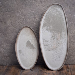 Organic natural shape elongated stoneware plates in grey cream, minimalist monochrome handcrafted handmade pottery image 1