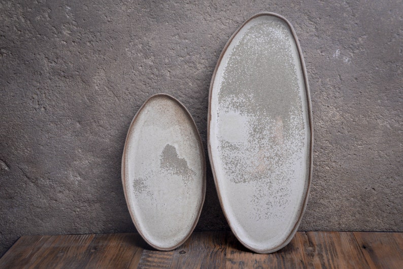 Organic natural shape elongated stoneware plates in grey cream, minimalist monochrome handcrafted handmade pottery image 1