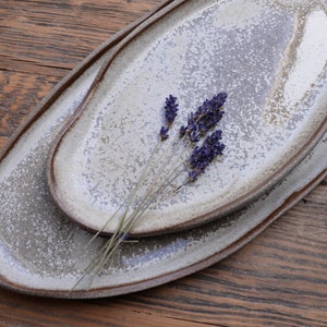 Organic natural shape elongated stoneware plates in grey cream, minimalist monochrome handcrafted handmade pottery image 4