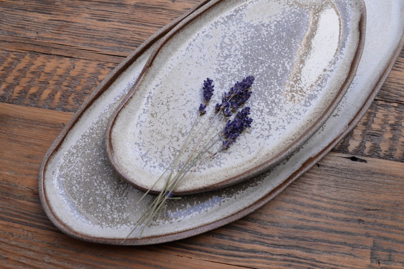 Organic natural shape elongated stoneware plates in grey cream, minimalist monochrome handcrafted handmade pottery image 4