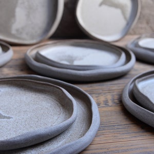 Dune dinner set organic natural shape stoneware plates in grey cream, minimalist monochrome handcrafted handmade wheel thrown pottery image 5