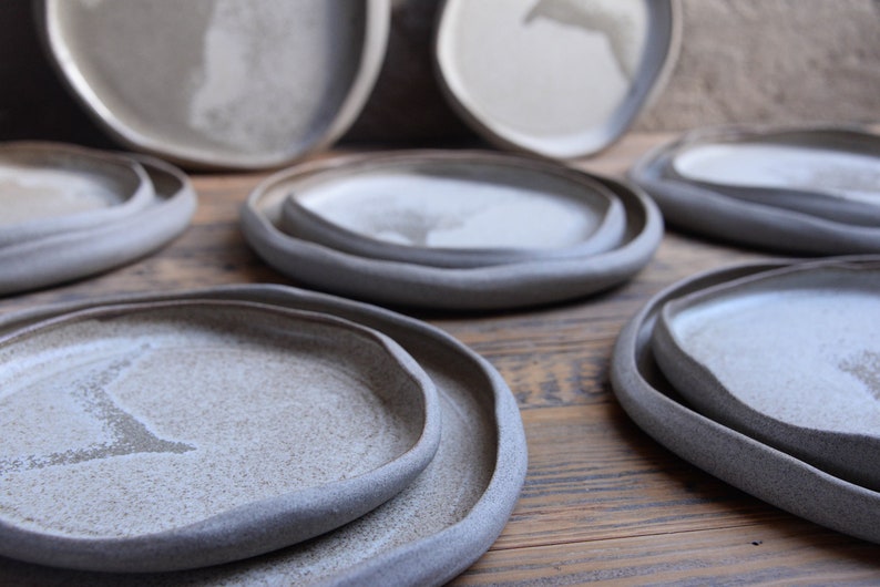 Dune dinner set organic natural shape stoneware plates in grey cream, minimalist monochrome handcrafted handmade wheel thrown pottery image 5