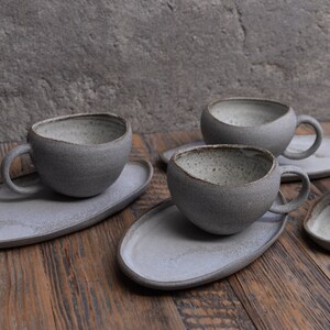 Organic natural shape elongated stoneware plates in grey cream, minimalist monochrome handcrafted handmade pottery image 8