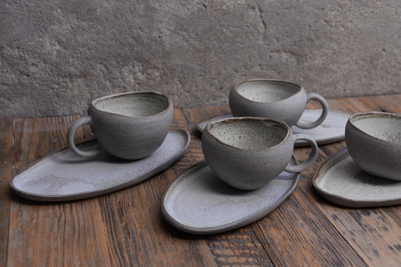 Organic natural shape elongated stoneware plates in grey cream, minimalist monochrome handcrafted handmade pottery image 8