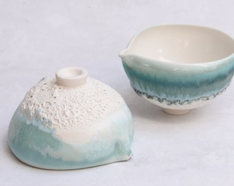 Reef Turquoise porcelain ceremonial pouring bowl cacao matcha, minimal nordic natural, handmade wheel thrown organic