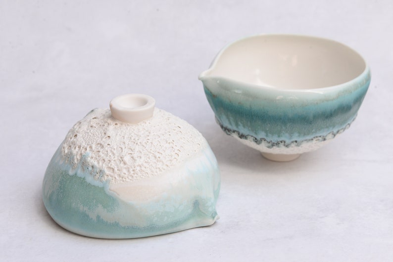 Reef Turquoise porcelain ceremonial pouring bowl cacao matcha, minimal nordic natural, handmade wheel thrown organic image 1
